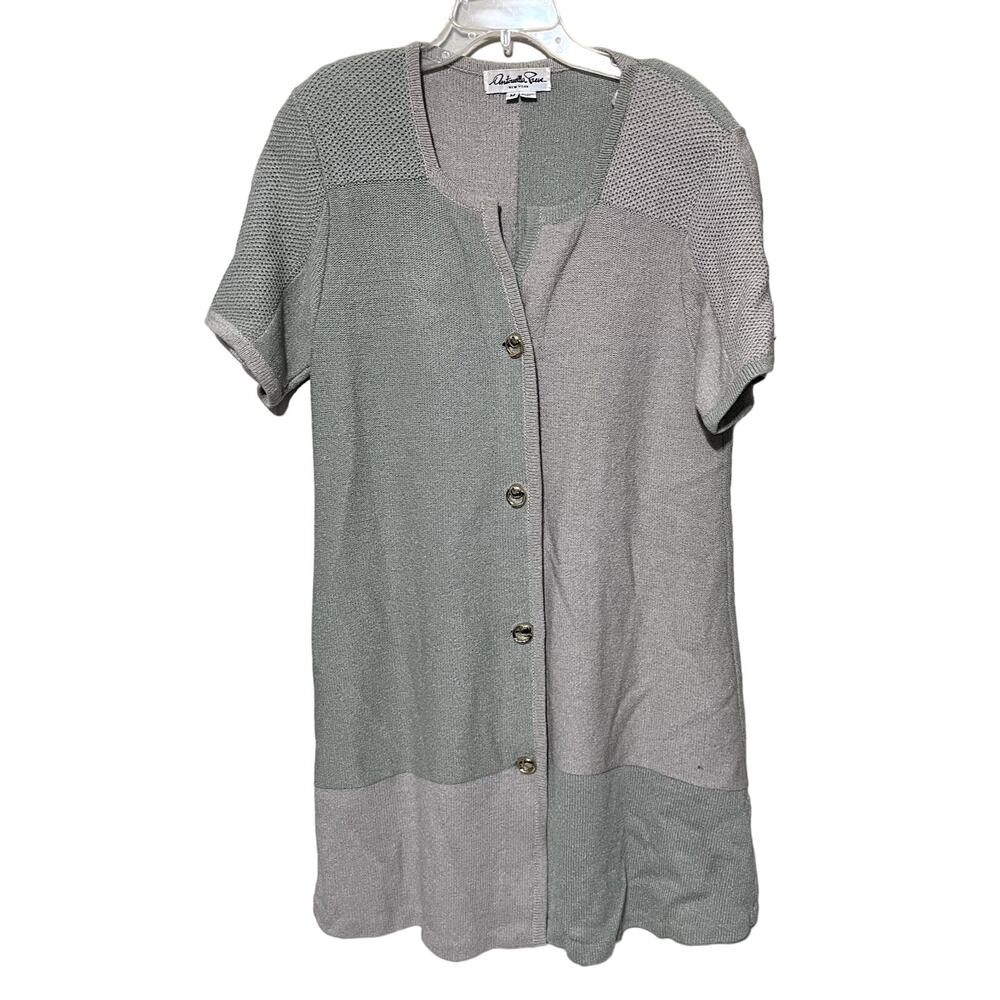 VTG‎ Antonella Preve Knit Sweater Dress sz M Beige Green Button front Silk FLAW